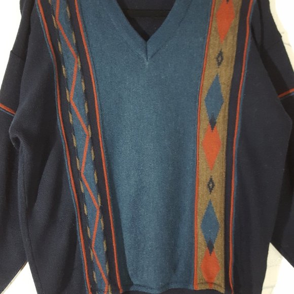 Kilspindie of Scotland VTG Navy Wool Blend Geometric Knit V-Neck Sweater - Picture 2 of 4